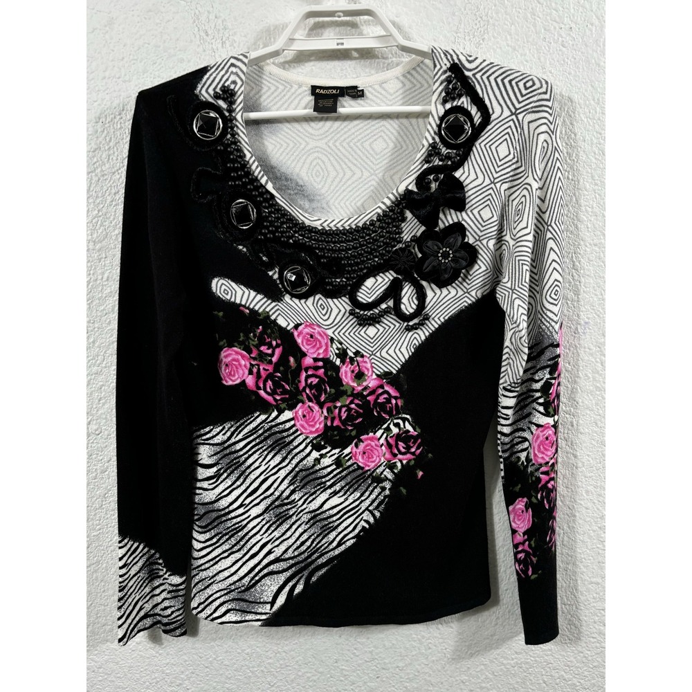 Radzoli Sweater Womens Medium Black White Pink Floral‎ Beaded Embellished Art